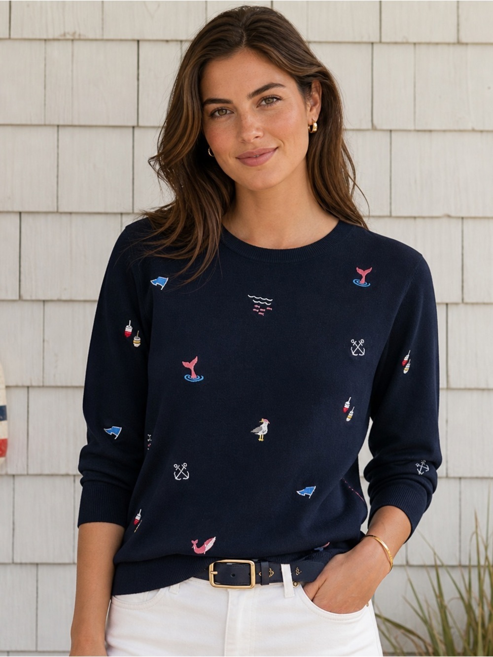 Talbot’s Nautical Embroidered Cotton Blend Sweater Navy 3/4 Sleeve Beach SP
